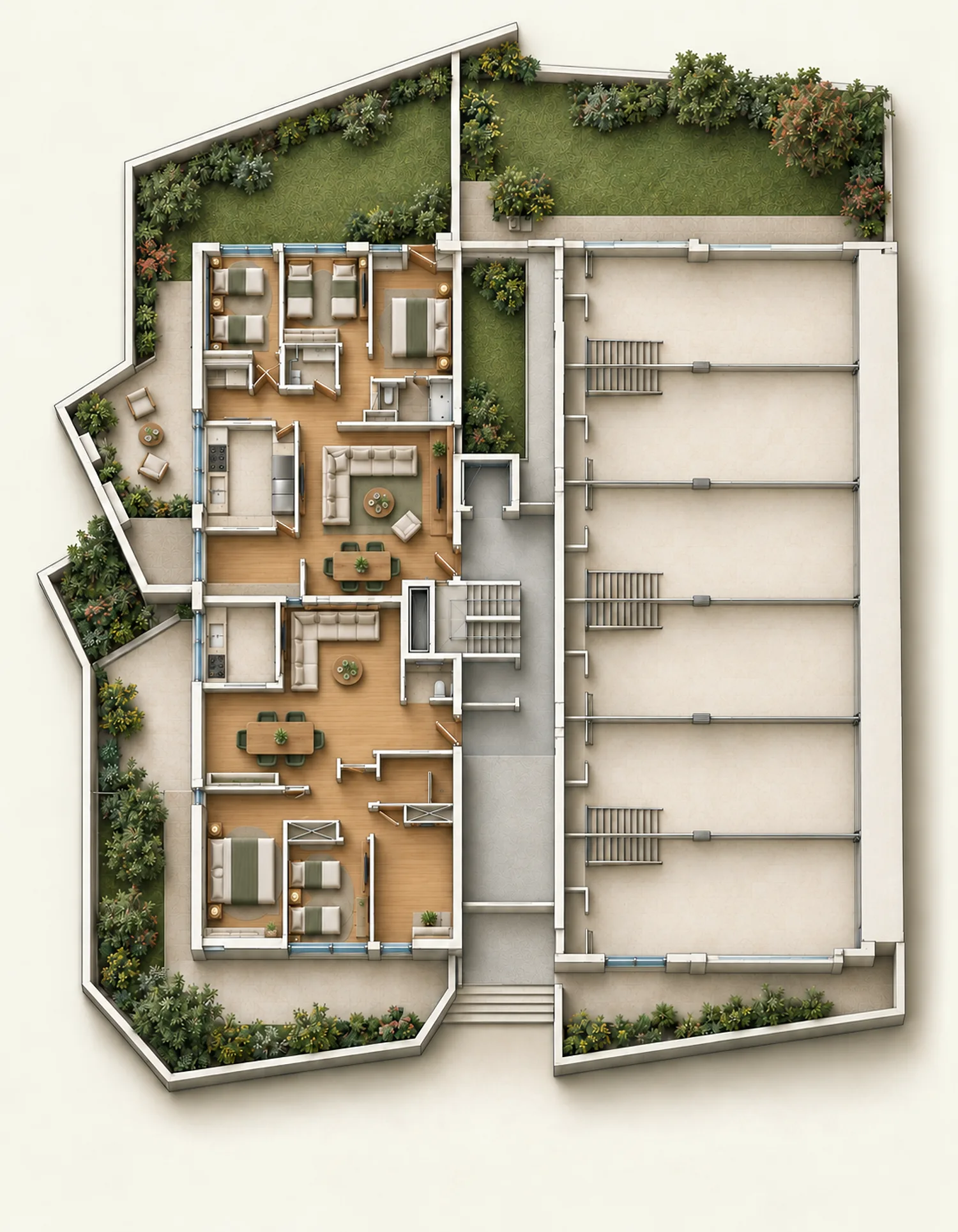 Retail 01 · The whole floor in 3D — AI visualisation of the CAD plan, indicative
