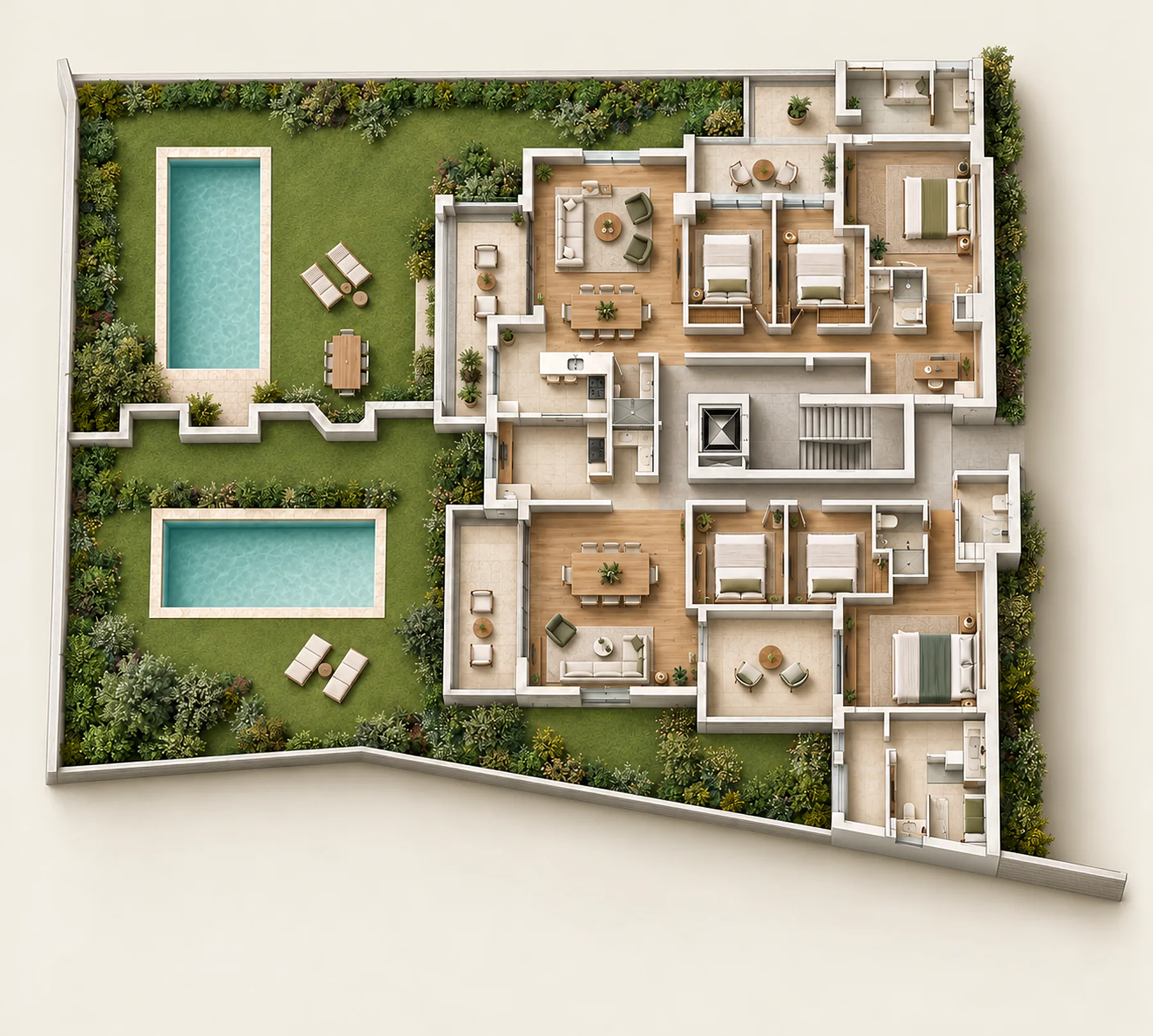 C B-01 · The whole floor in 3D — AI visualisation of the CAD plan, indicative
