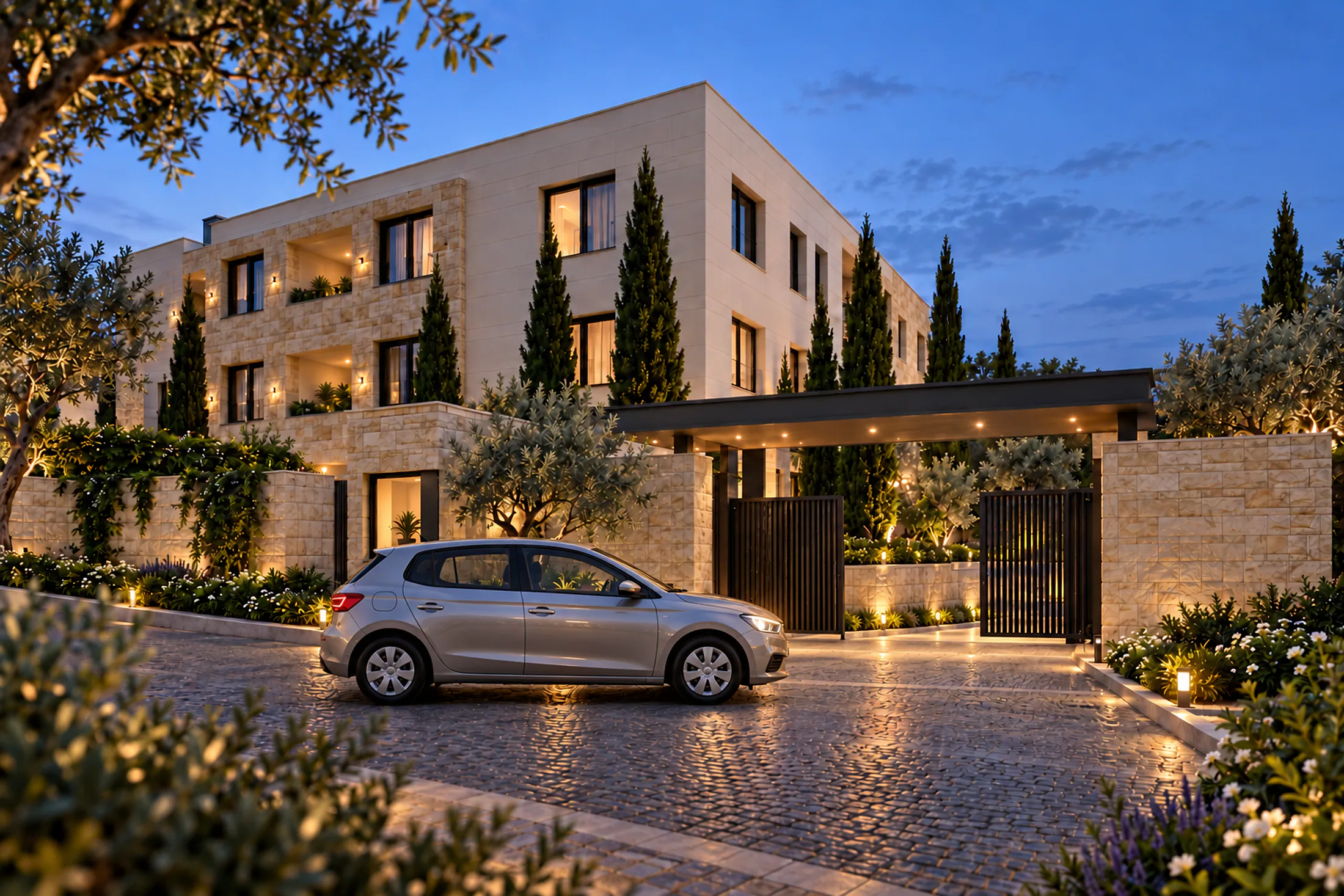 The gated entrance at dusk (AI visualisation, indicative)
