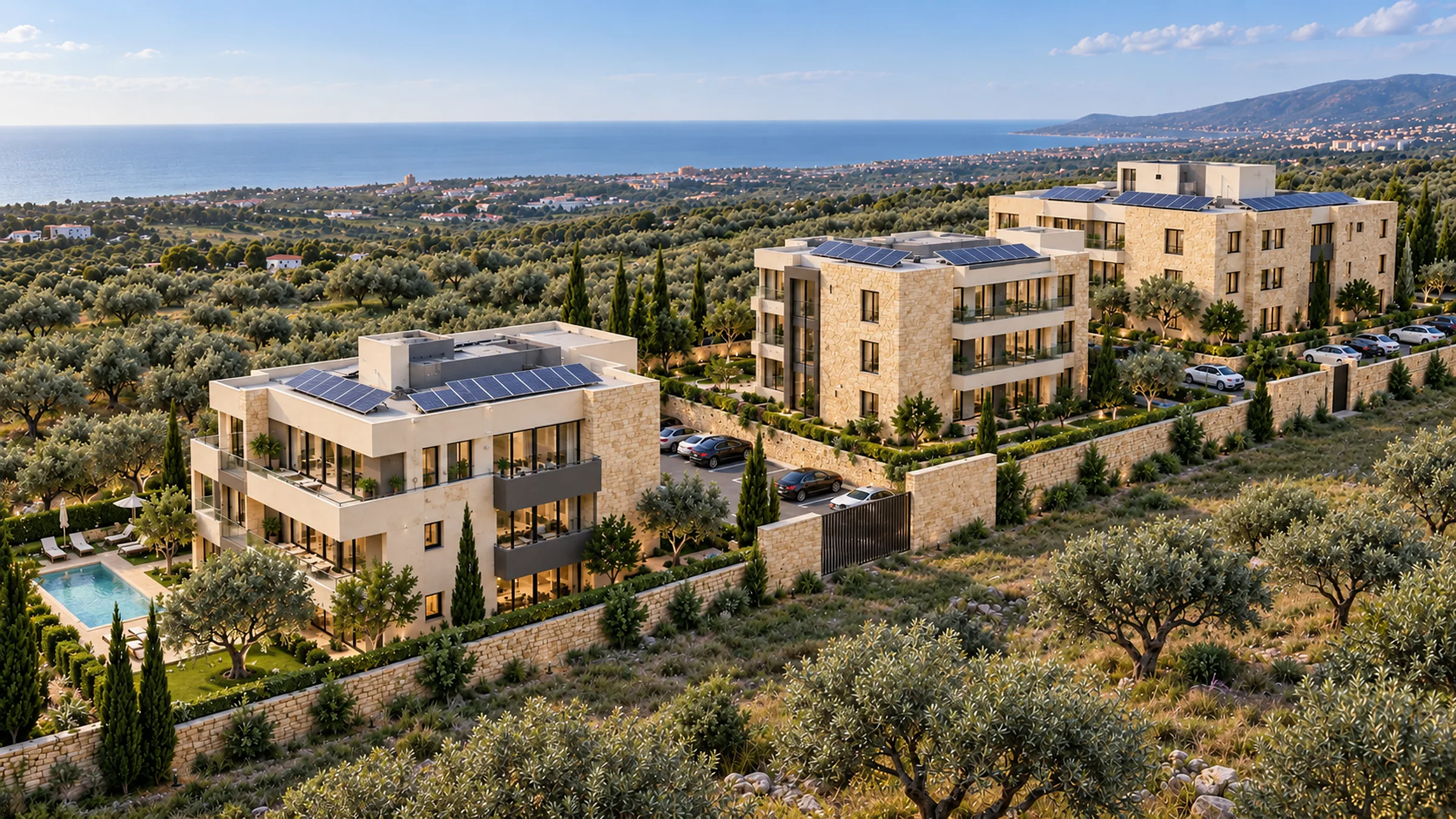 The three stone blocks of Olea 774 among the olive groves of Koura