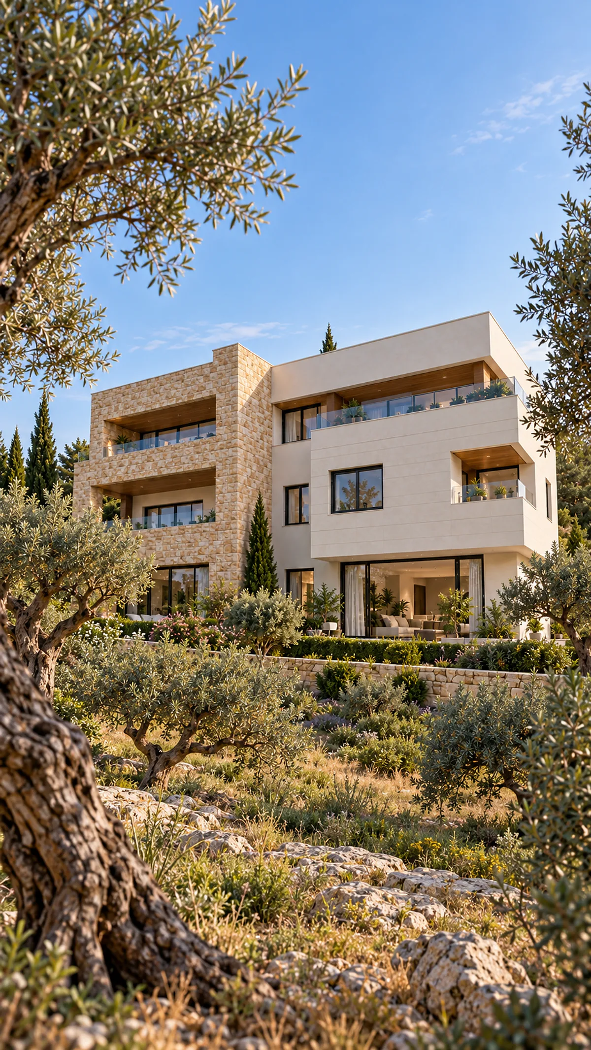 Block C among the old olive trees (AI visualisation, indicative)