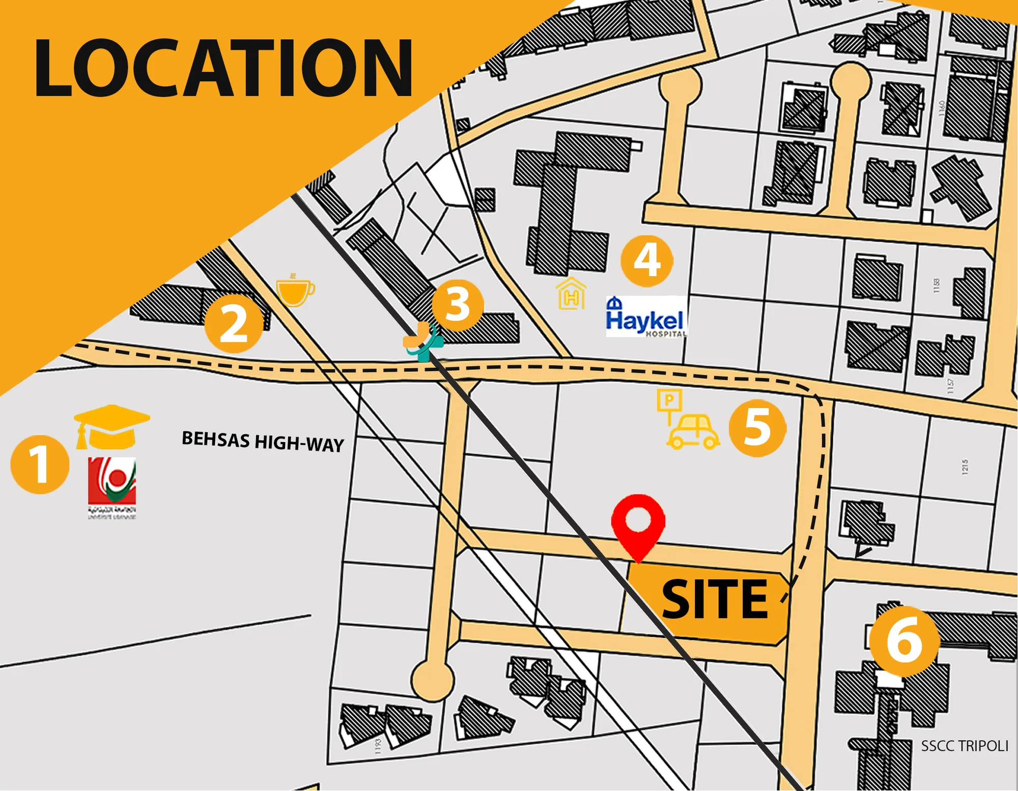Map of Seven Stars Villas near Haykal Hospital and the Behsas highway