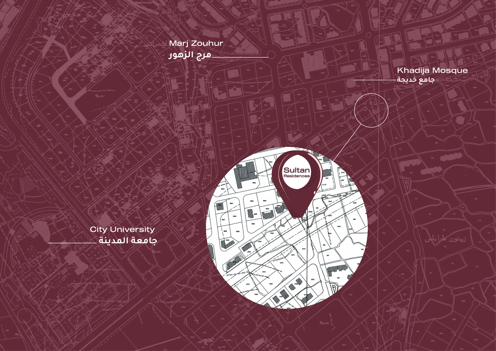 Map of Abu Samra showing Sultan Residences near Marj Zouhur, City University and Khadija Mosque