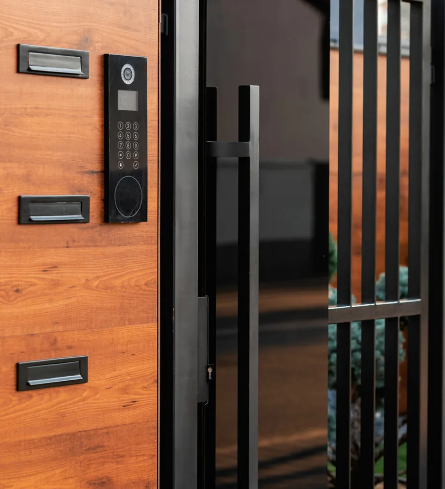 Iron entrance door with REDI wood finish